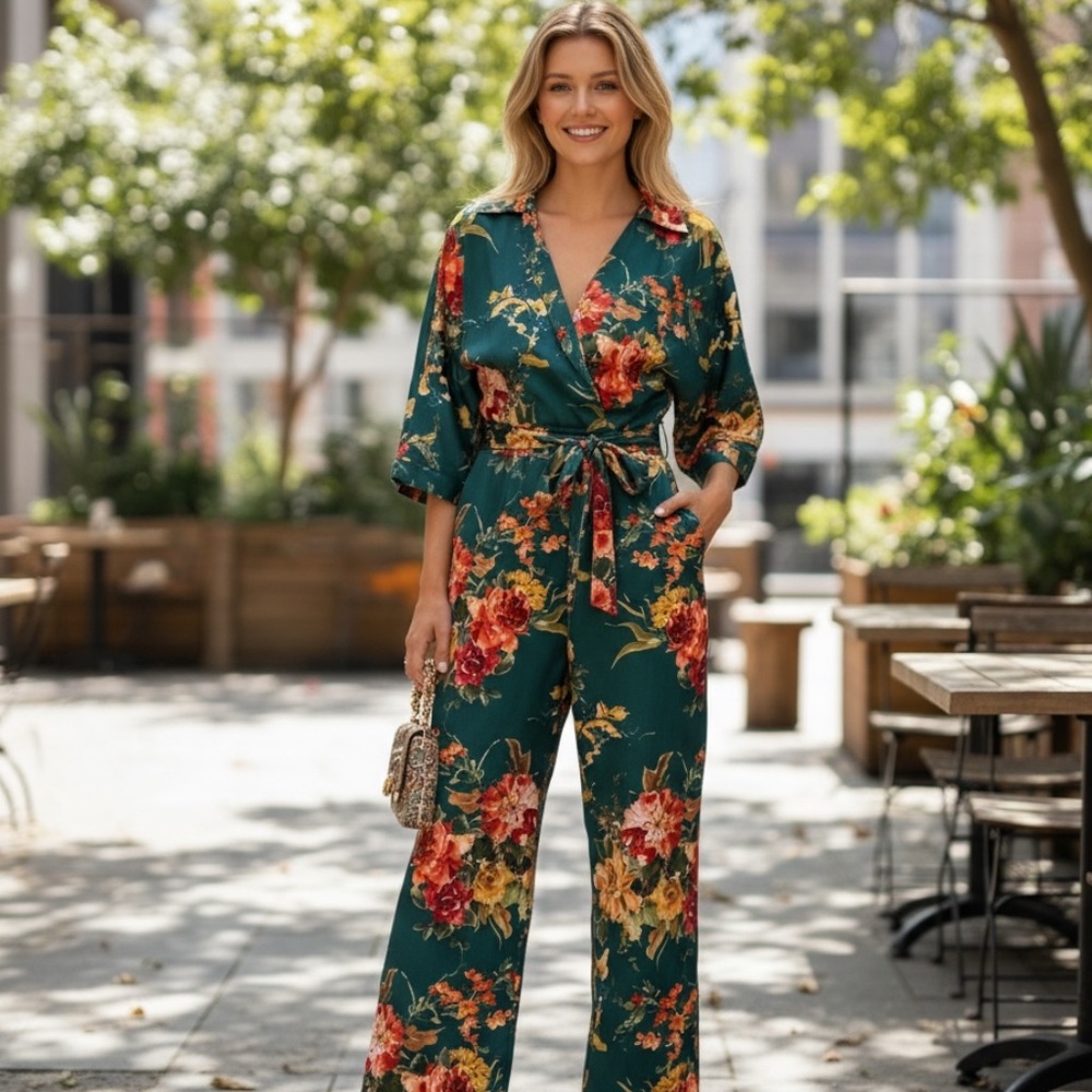 Zara Teal Floral Wrap Jumpsuit with Red and Yellow Blooms